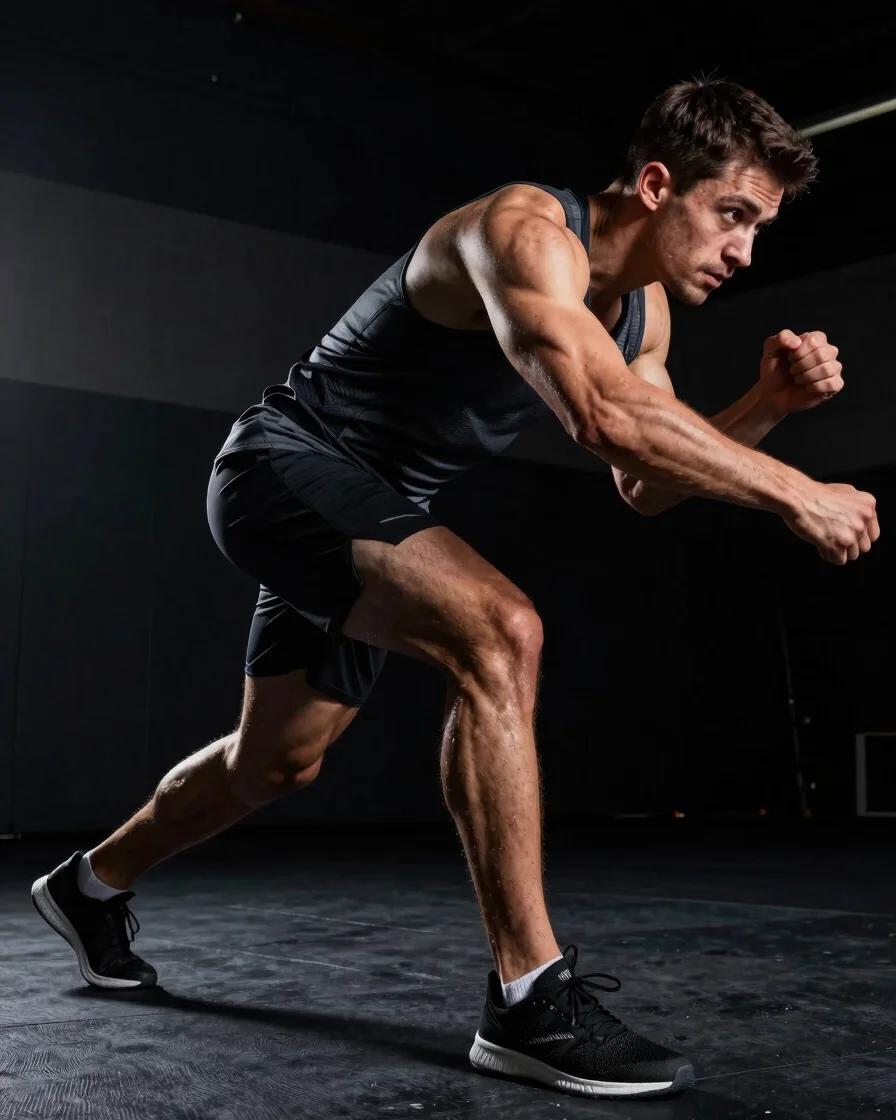 Dynamic low-angle action shot of an athlete focused on high-intensity training, wearing dark technical sportswear, drama