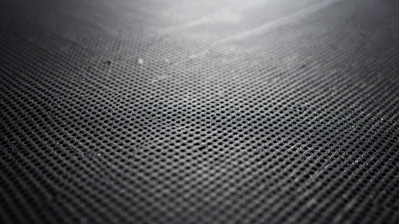 Detalle macro de tejido técnico transpirable, con microperforaciones, bajo luz de estudio de alto contraste.
